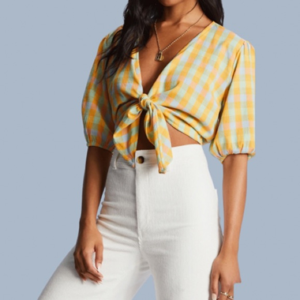NWT BILLABONG AS YOU WISH
Colorful Gingham Cotton Blend Crop Tie Top - Picture 5 of 8